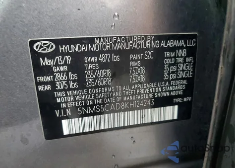 2019 Hyundai Santa Fe Limited from USA, damaged, VIN 5NMS5CAD8KH124243